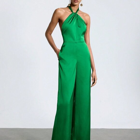 Pants - Green Elegant Women's Solid Color Halter Neck Strap Backless Jumpsuit